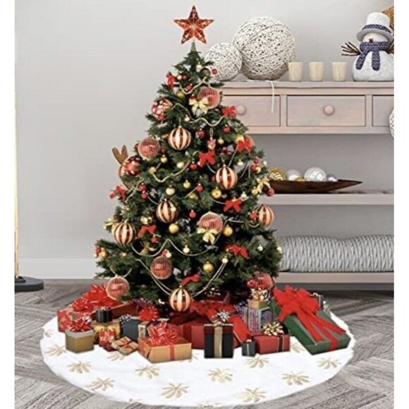 Christmas Tree Skirt White Soft Thick Golden Maple Leaf Decoration 30"/30" (sk13 - Picture 3 of 6